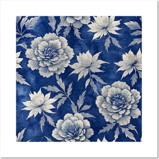 Indigo blue peony pattern Posters and Art